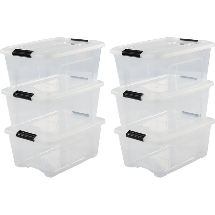 IRIS OHYAMA stapelbare Aufbewahrungsboxen mit Klickverschluss, Plastik, transparent Deckel, 15L, 6er Set