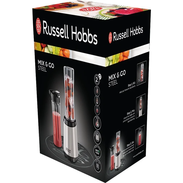 Russell Hobbs 23470-56 Mix&Go Steel Standmixer, 300W, inkl. 2 BPA-freie & spülmaschinenfeste Tritan Trinkflaschen + Deckel (600ml), 23.500 U-min, elektrischer Zerkleinerer, Mixer, kompakter Smoothie-Maker, edelstahl, schwarz – Bild 6