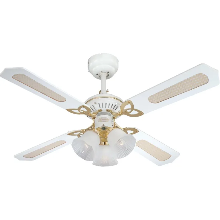 Westinghouse Lighting Westinghouse Princess Trio 7832440 Deckenventilator mit Beleuchtung, A++ to E, Metall, 60 W, E14, weiß mit poliertem messing, 105 x 105 x 43 cm