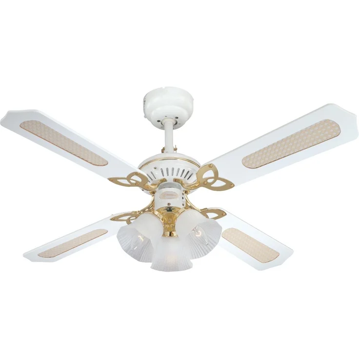 Westinghouse Lighting Westinghouse Princess Trio 7832440 Deckenventilator mit Beleuchtung, A++ to E, Metall, 60 W, E14, weiß mit poliertem messing, 105 x 105 x 43 cm – Bild 1