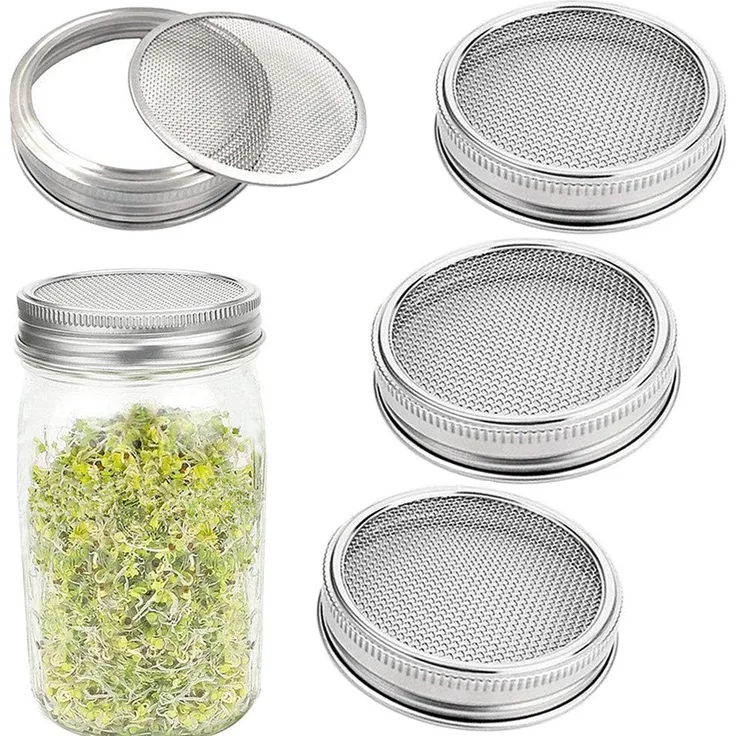 4 Stück Sprossende Deckel Edelstahl ? Mesh Jar Sprouting Sieb Deckel Kit für Wide Mouth Mason Jars Canning Jars Sprouting Jar Lid Kit for Growing Organic Sprout Seeds in House-Kitchen