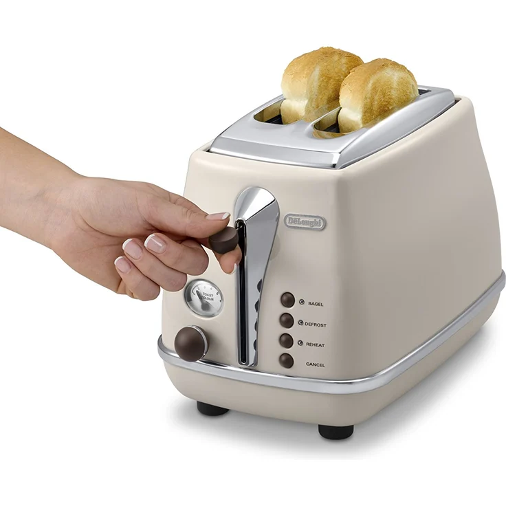 De'Longhi Icona Vintage CTOV2103.BG 2-Schlitz-Toaster, 900 Watt, mit Brötchenaufsatz, Edelstahl in elegantem Retro Look mit Chrom-Details, creme – Bild 2