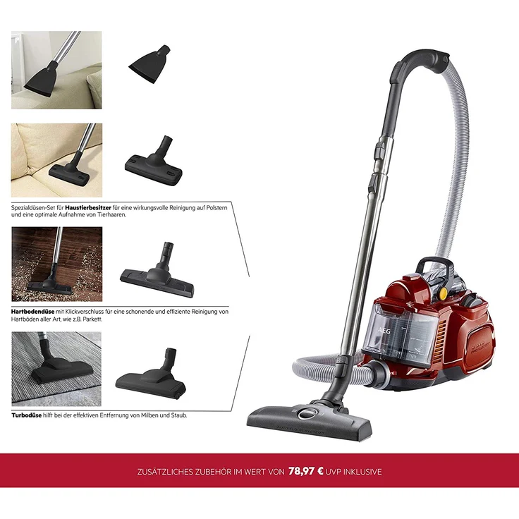 AEG LX7-2-CR-A Staubsauger ohne Beutel (Ideal für Haustierbesitzer, Inkl. Zusatzdüsen und Spezialdüsen-Set für Tierhaare, 750 W, 9 m Aktionsradius, 1,4l Staubbehälter, waschbarer Hygiene Filter) rot – Bild 2