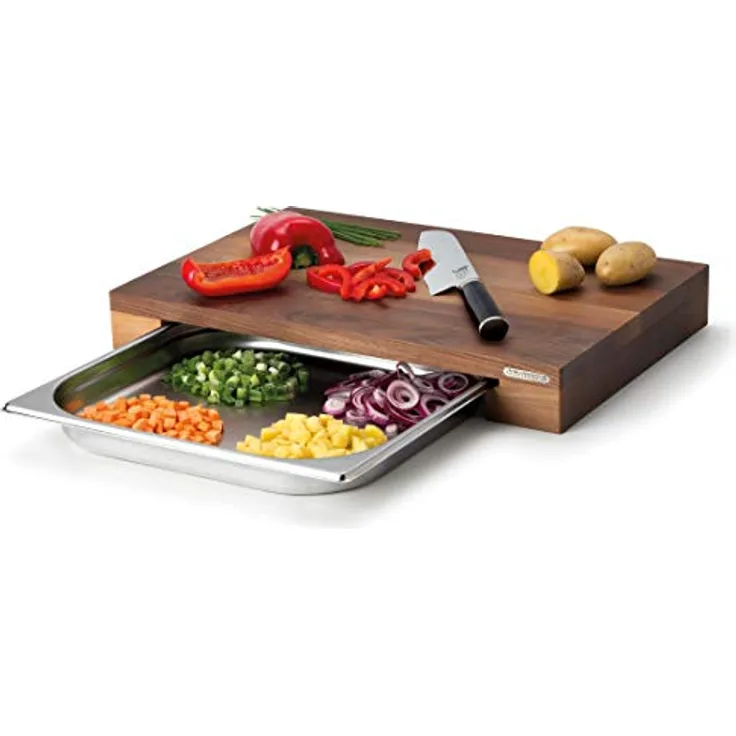 Continenta Walnut Wood 4211 Walnuss Holz Schneidebrett mit Edelstahl Schublade, Dunkelbraun