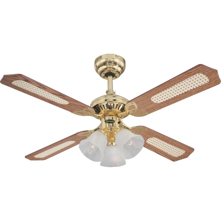 78199 Deckenventilator Princess Trio ,105 cm, aus poliertem Messing, für den Innengebrauch, Leuchtenset mit Milchglas – Bild 1