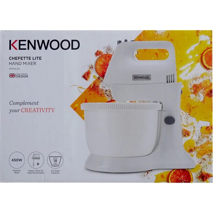Kenwood HMP32.A0 Handmixer mit Stand-Rührschüssel, 450W, 3,4 Liter Schüssel, inkl. 2 x Rührbesen, 2 x Knethaken, weiß