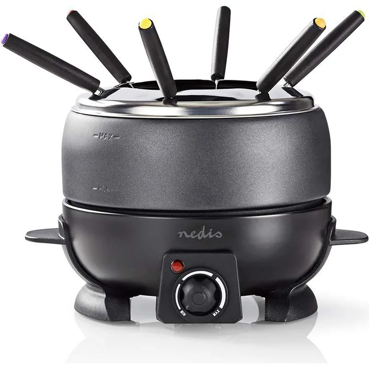 Nedis Fondue-Set - 6 Personen - 2,3 L - 800 W - Einstellbare Temperaturregulierung - Abnehmbaren Gabelring - Antihaft-Beschichtung - 6 Fonduegabeln - Cool-Touch-Griff