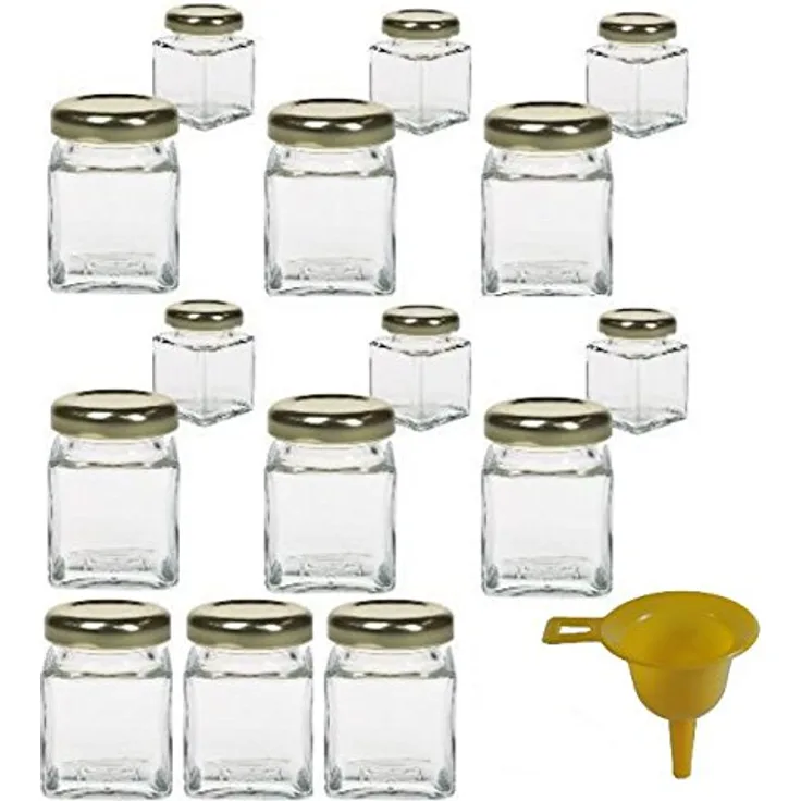 Viva Haushaltswaren 15 x Mini-Marmeladenglas - Gewürzglas 50 ml mit goldfarbenem Schraubverschluss, Gläser Set mit Deckel für Gewürze, Konfitüre, Salz etc. verwendbar inkl. Trichter
