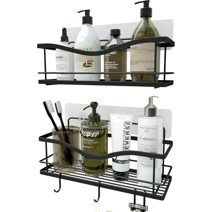Kincmax Duschregal für Badezimmer, ohne Bohren, rückstandslos klebend, SUS304 rostfreier Lebensmittel-Aufbewahrungskorb, 2-in-1 Küche Gewürzregal, 2 Stück matte black
