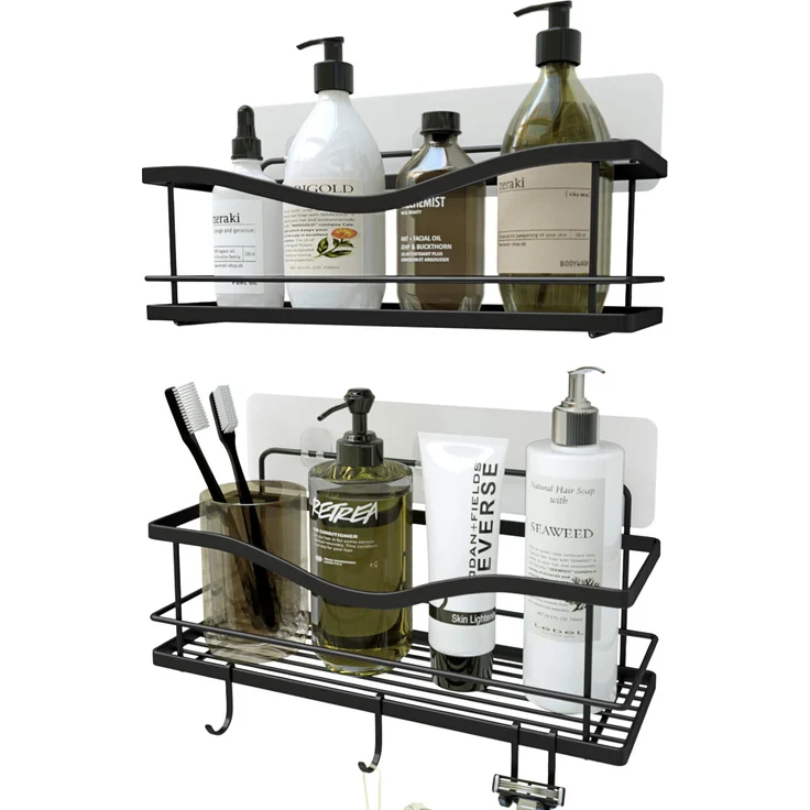 Kincmax Duschregal für Badezimmer, ohne Bohren, rückstandslos klebend, SUS304 rostfreier Lebensmittel-Aufbewahrungskorb, 2-in-1 Küche Gewürzregal, 2 Stück matte black – Bild 1