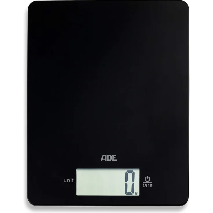 ADE Digitale Küchenwaage KE 1800-4 Leonie (Elektronische Waage für Küche und Haushalt, extrem flach, präzises Wiegen bis 5 kg, Zuwiegefunktion) schwarz