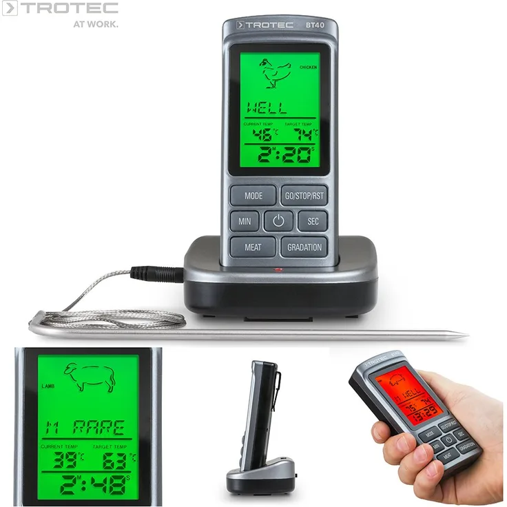 TROTEC 3510205007 BT40 Ofenthermometer kabelloses Grillthermometer Fleischthermometer Barbecue Digital BBQ Thermometer Funk Bratenthermometer bis 250 °C 8 Fleischsorten einstellbar