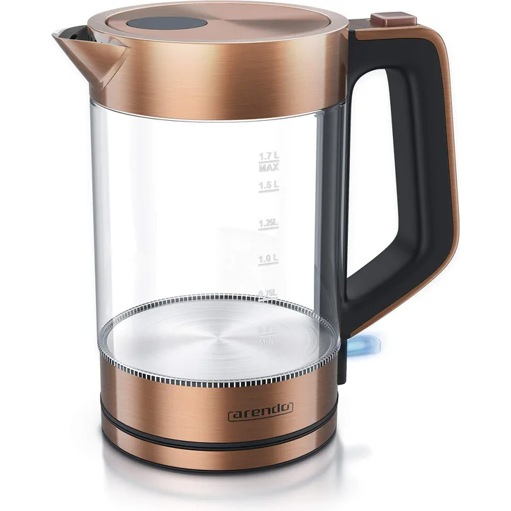 Arendo Glas Wasserkocher Edelstahl 2200 W 1,7 L Kupfer