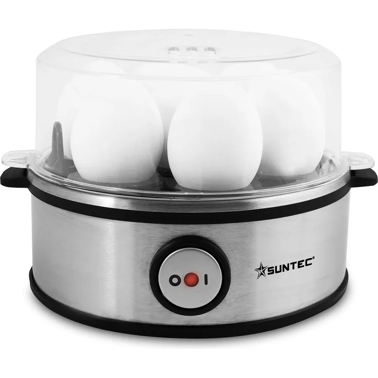 SUNTEC Eierkocher Edelstahl EGG-8564 | 1 ? 7 Eier mit 3 Härtegradeinstellung [weich mittel hart] für das perfekte Ei max. 7eier | inkl. Akustisches Signal [Timer, Abschaltautomatik] Schale für Rührei