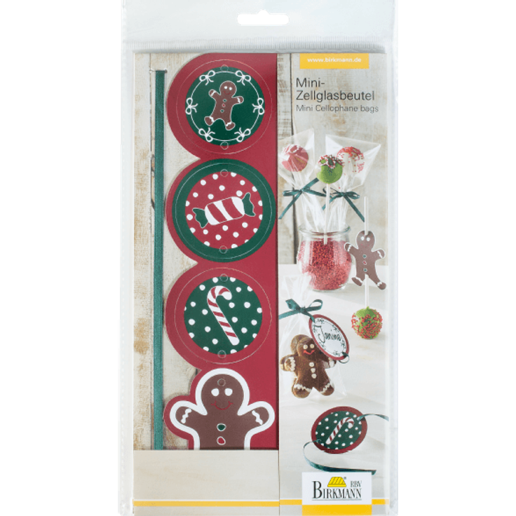 Mini-Zellglasbeutel mit Schleife & Grußetiketten:''Candy Christmas'' 8 Stück, Beutel 14,5x7,5 cm