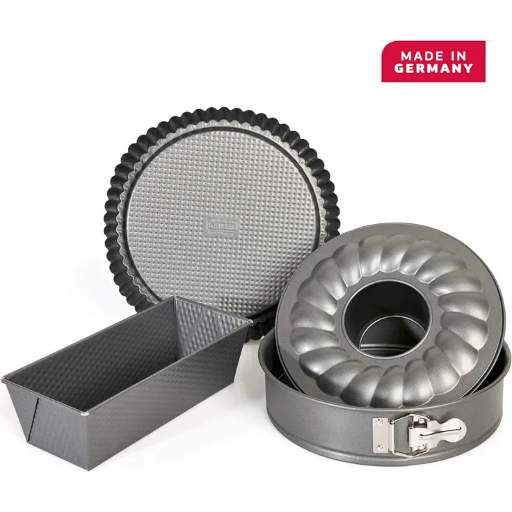 Kaiser Gourmet Kuchenform, Backform Set 4-teilig, Backset mit Springform 26 cm rund mit 2 Böden (Flachboden Rohrboden), Tortenboden, Königskuchenform, Kuchenform antihaftbeschichtet