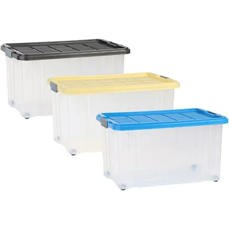 axentia Aufbewahrungsbox mit Rollen & Deckel, Stapelbox aus Kunststoff 55 Liter, Eurobox transparent, Maße: ca. 60 x 40 x 34 cm, Anthrazit, blau oder gelb - Farbe nicht wählbar