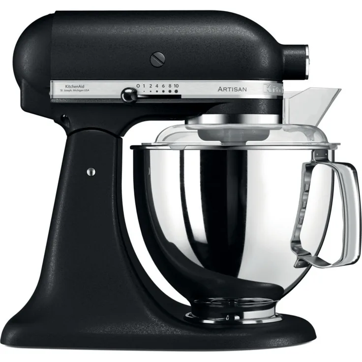KitchenAid Artisan 5KSM175PSEBK Küchenmaschine mit Direktantrieb 300W, 4,8 L Edelstahlschüssel, inkl. 3 L polierte Schüssel, Spritzschutz, 10 Geschwindigkeiten, Gusseisen schwarz, Serie: 5KSM175PS