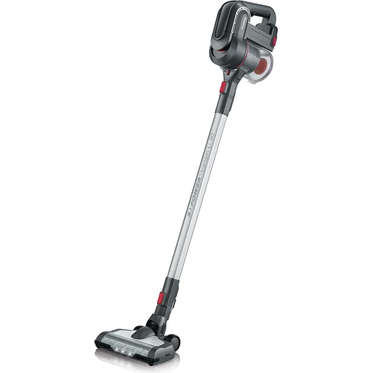 Severin HV 7165, Beutelloser Hand- und Stielsauger mit Elektrobürste und Digitalmotor, 22,2V Lithium-Ionen Akku, S´POWER topspin Li 30, Grau-Rot