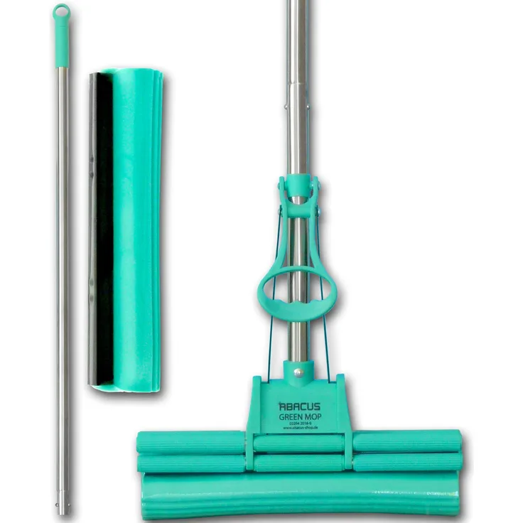 ABACUS Green MOP Set 30-01 (6061) 30 cm Mopp + Stiel + 30cm Ersatzschwammm - Doppelwringer saugstarker Wischmop PVA Bodenwischer Wringmop GreenMop Wischmopp Wringmopp 4-Rollen Doppelwringsystem