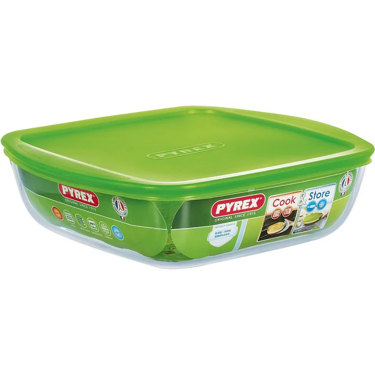 Pyrex Schüssel mit Deckel, quadratisch, 20 x 17 x 5,5 cm, Glas Plastik, grün, 2,2L