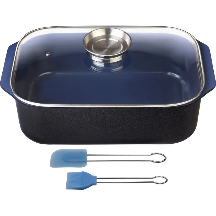 GSW 800419 Ceramica kobaltblau Induktion Rechteckbräter mit Aroma-Glasdeckel 40x26x11cm / circa 8,0 L inkl, Backpinsel-Set 2-teilig, Aluguss, schwarz/blau, 40 x 26 x 12,5 cm, 4 Einheiten