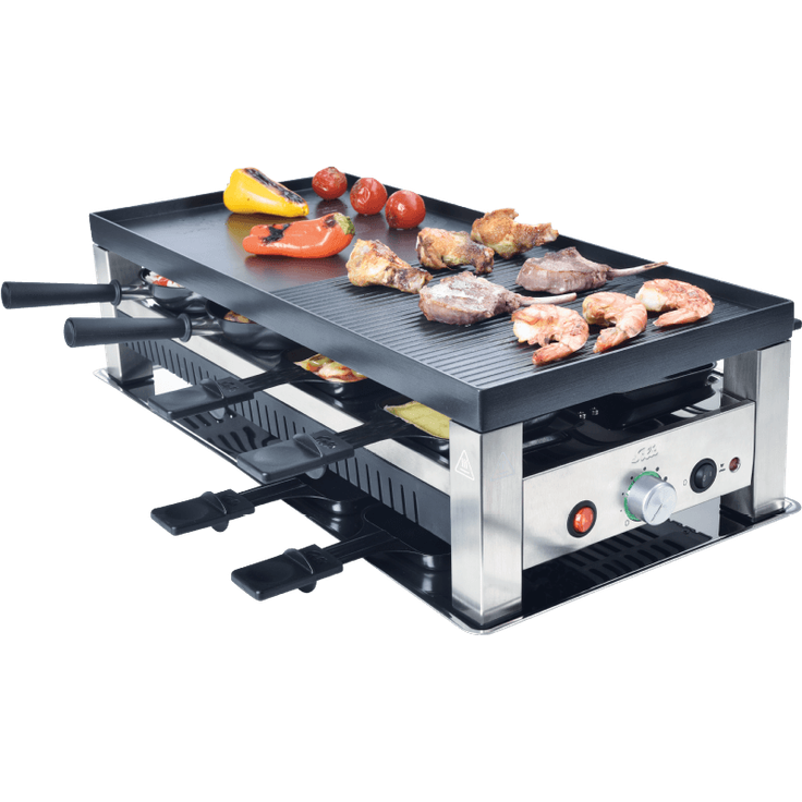 Solis Table Grill 5in1 - Raclette, Grill, Wok, Pizza-Grill, Crêpes, für 8 Personen (Raclettepfännchen, Mini-Wok, Spachtel), 1400W, Grillfläche Antihaftbeschichtet, edelstahl, schwarz