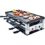 Solis Table Grill 5in1 - Raclette, Grill, Wok, Pizza-Grill, Crêpes, für 8 Personen (Raclettepfännchen, Mini-Wok, Spachtel), 1400W, Grillfläche Antihaftbeschichtet, edelstahl, schwarz