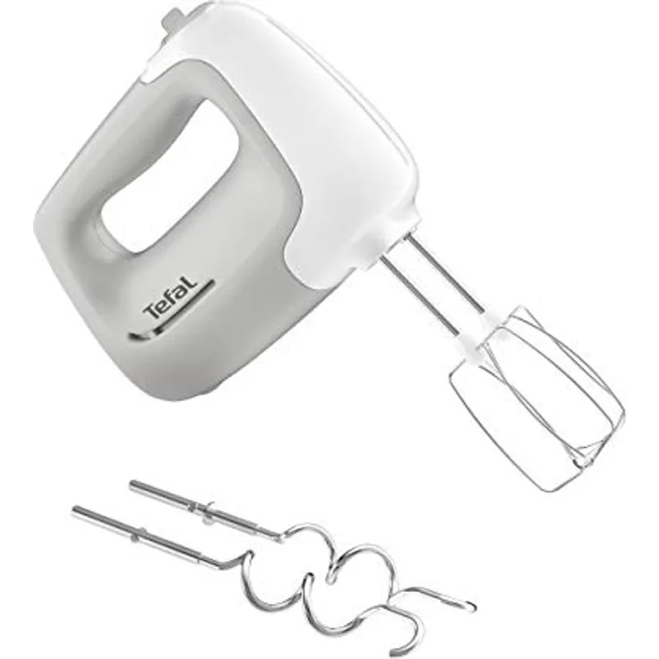 Tefal HT450B Prep'Mix Handmixer | 450 Watt | 5 Geschwindigkeiten | 2 Schneebesen und 2 Knethaken aus Edelstahl | vielseitiger Handmixer | ergonomisches Design | spülmaschinenfestes Zubehör | Weiß-Grau