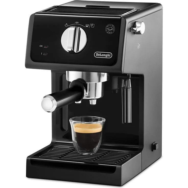 De'Longhi ECP 31.21 Espresso Siebträgermaschine, Siebträgerhalter mit Aluminium Finish, Milchschaum Düse, Filtereinsatz für 1 oder 2 Tassen Espresso, Auch für Pads Geeignet, Schwarz