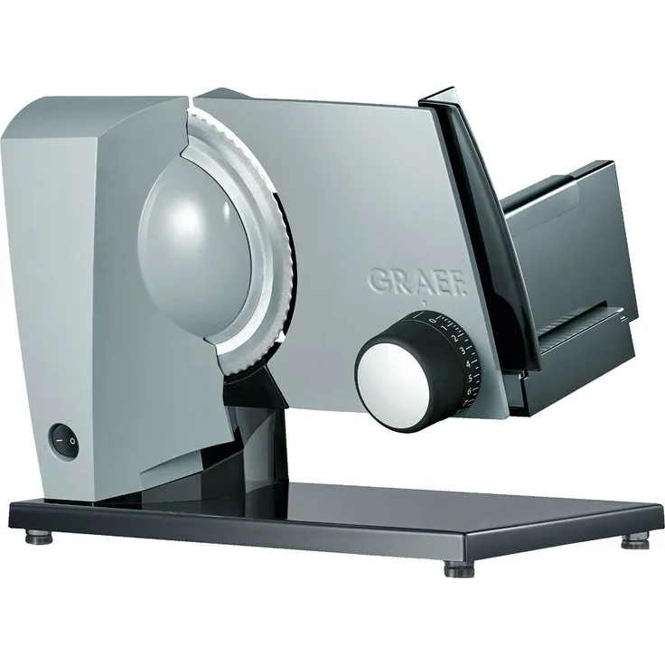 Graef S 11120 Sliced Kitchen Allesschneider, 170W, elektrisch, freitragend, Kunststoff, 15° schräggestellte Arbeitsfläche, Safety-Verschluss, grau