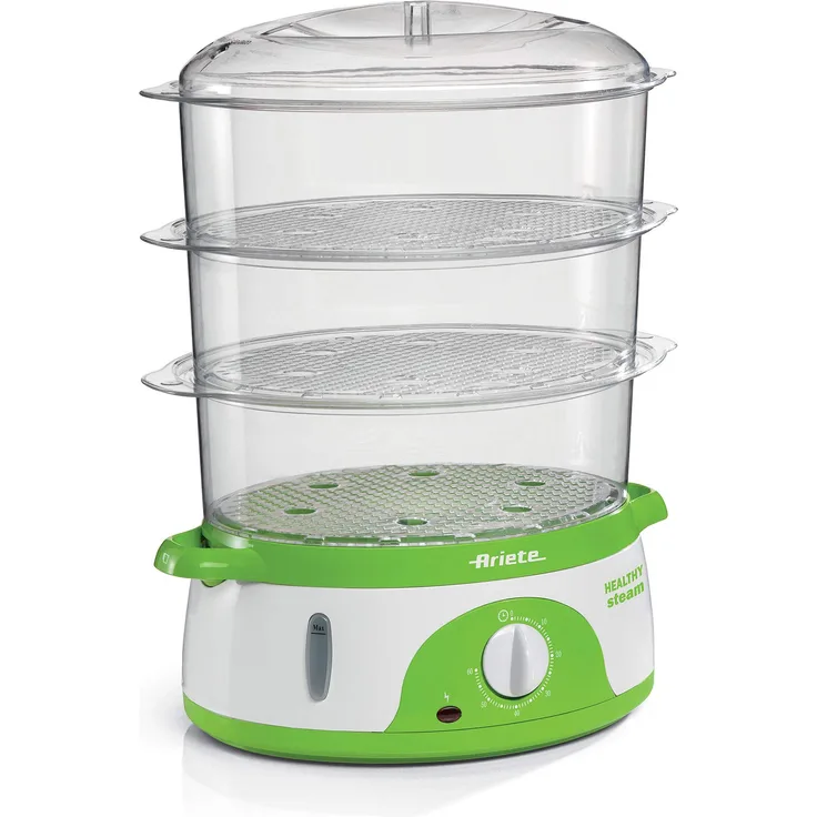 Ariete 911 Healty Steam Elektrischer Dampfgarer mit Timer 60', 3 Körben, Wasserstandsanzeige, Behälter, platzsparend, 800 W, 9 l, Weiß-Grün