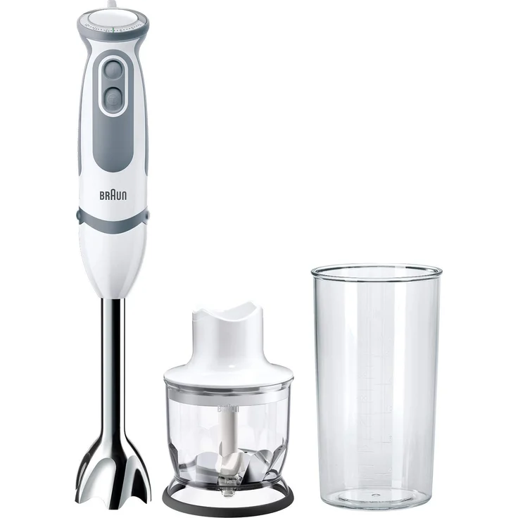 Braun Multiquick 5 Vario MQ5220WH Stabmixer, 1000 W, 21 Geschwindigkeitsstufen und Turbofunktion, spritzwassergeschützt, Powerbell Plus, inkl Zerkleinerer, 350 ml, Messbecher, 600 ml, weiß, grau – Bild 1