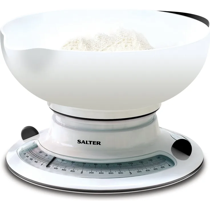 SALTER Küchenwaage mit Zuwiegefunktion, Rotierende, analoge Messscheibe, Aqua Weigh für Flüssigkeiten, Große Schüssel mit Ausguß inklusive, Gummi Handgriffe, bis zu 4kg-4l