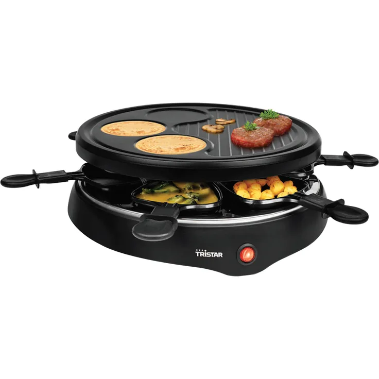Tristar RA-2998, Raclette für bis zu 6 Personen mit 6 Pfännchen und Crêpe-und Grill-Bereich-Durchmesser 29 cm, 800 W, schwarz