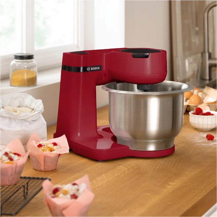Bosch MUMS2ER01 Küchenmaschine, 700W, 3,8L Schüssel, 4 Geschwindigkeiten, inkl. Patisserie-Set, Durchlaufschnitzler, rot, Serie: MUM2 – Bild 2