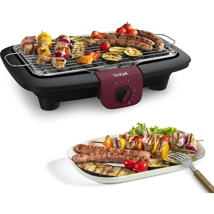 Tefal BG90E5 Easygrill Adjust Elektro-Tischgrill, 2300 Watt, 720 cm² Grillfläche, schwarz-burgunderrot – Bild 5