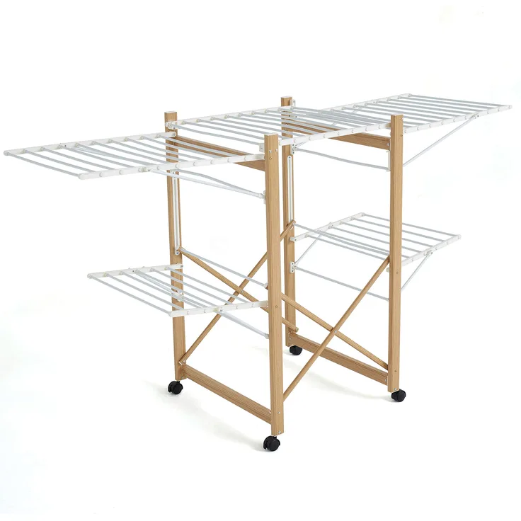 KITCHEN MOVE BAT-WD-03 Séchoir à linge, Acier Inoxydable, Bois et Blanc, L177xl61xH104 cm