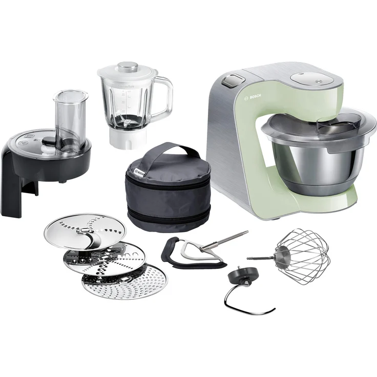 Bosch MUM58MG60 CreationLine Premium Küchenmaschine mit Planetenrührwerk, 1000W, 3,9 L Schüssel, 7 Geschwindigkeiten, inkl. Patisserie-Set, Durchlaufschnitzler, Mixer-Aufsatz, mint-silber, Serie: MUM5 – Bild 1