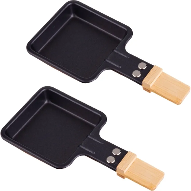 Syntrox Raclette Pfännchen viereckig mit Bambusgriff 2 Stück, schwarz 