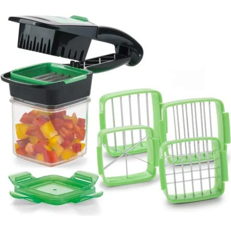 Genius Nicer Dicer Quick Zerkleinerer für Obst und Gemüse | 5 in 1 Multischneider mit austauschbaren Messereinsätzen | 30 Würfel oder 10 Scheiben mit einem klick (Grün), Edelstahl, 15 x 10 x 25 cm – Bild 1