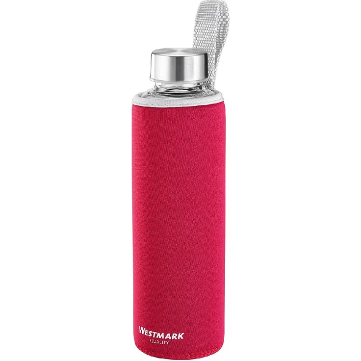 Westmark Trinkflasche, aus Glas mit Aufdruck, inkl. Schutzhülle, 550 ml, Glas-Silikon-Kautschuk, BPA-frei, Viva, Rot-Silber-Klar, 5272226R – Bild 1
