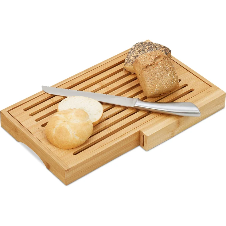 Relaxdays Brotschneidebrett, praktisches Brotbrett mit Messer aus Edelstahl, Krümelrost, Bambus, HBT 4x40x24 cm, natur – Bild 1