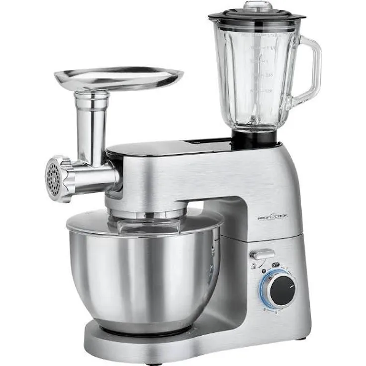 ProfiCook PC-KM 1189 3in1 Knetmaschine, Mixer und Fleischwolf in Einem, massives Alu-Druckguss-Gehäuse mit leistungsstarken 1500 Watt, 8 Geschwindigkeitsstufen, Profi-Metallgetriebe, Silber