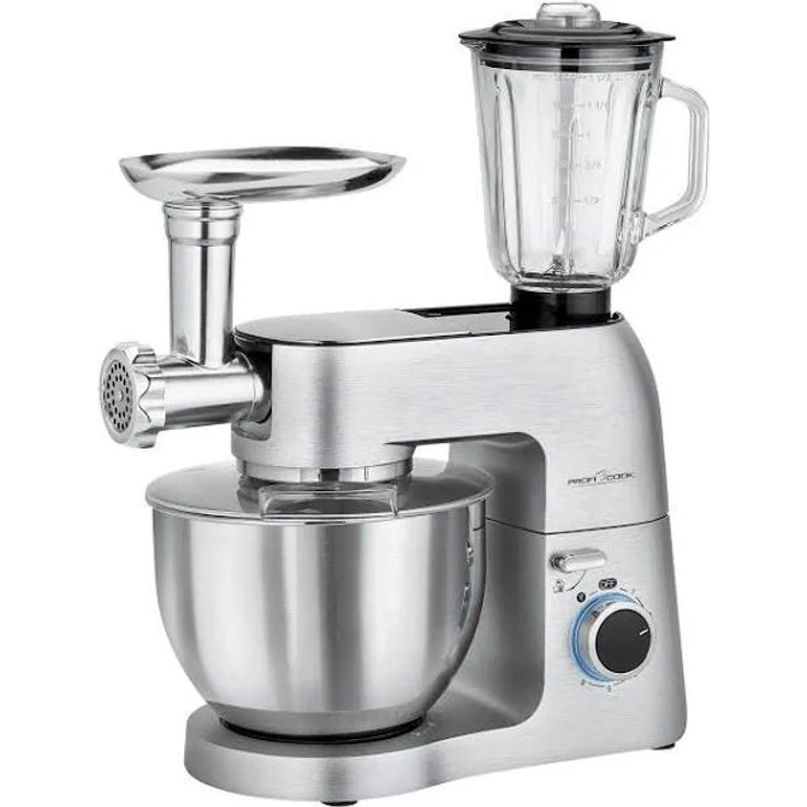 ProfiCook PC-KM 1189 3in1 Knetmaschine, Mixer und Fleischwolf in Einem, massives Alu-Druckguss-Gehäuse mit leistungsstarken 1500 Watt, 8 Geschwindigkeitsstufen, Profi-Metallgetriebe, Silber – Bild 1