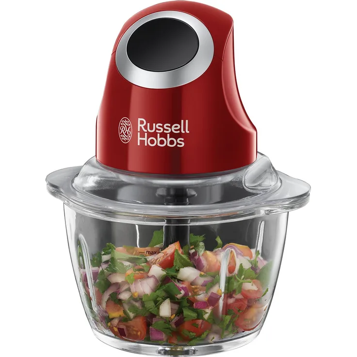 Russell Hobbs Desire Mini-Zerkleinerer, 200 Watt, Ein-Hand-Bedientaste, 500ml Glasbehälter inkl. Deckel, Gemüsezerkleinerer, Universalzerkleinerer, für Gemüse, Obst & Fleisch, rot