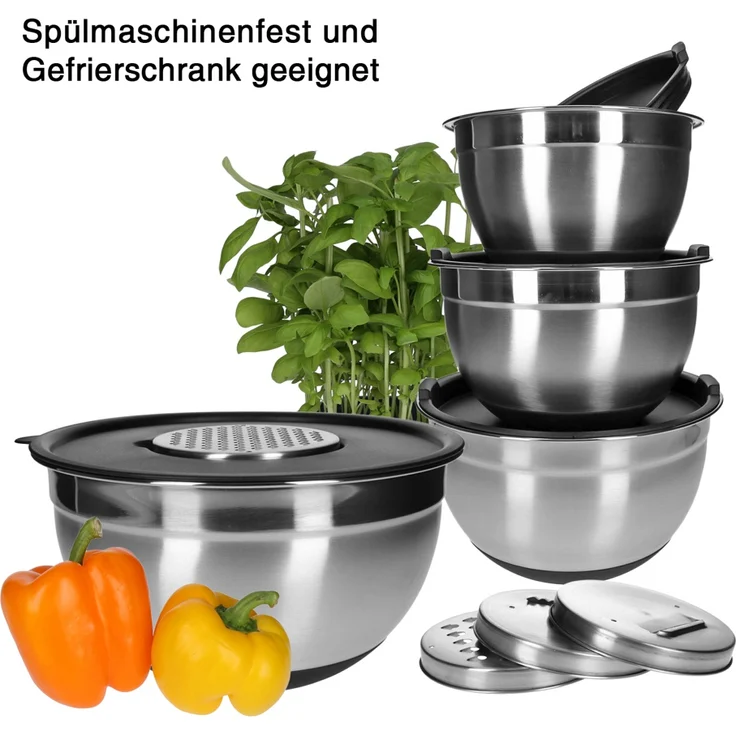 Edelstahl Rührschüssel 18-10 inkl. Deckel und 4 Gemüsereiben ohne Griff 13-teilig – Bild 1