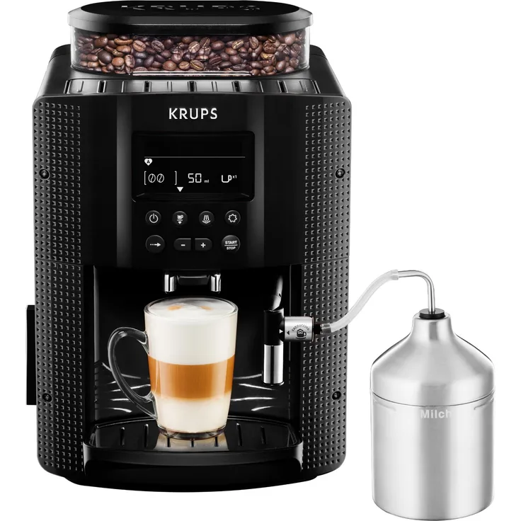 Krups EA8160 Kaffeevollautomat (1450 Watt, 1,8 Liter, 15 bar, LC Display, Cappuccinatore) schwarz, mit Milchsystem und integriertem Mahlwerk