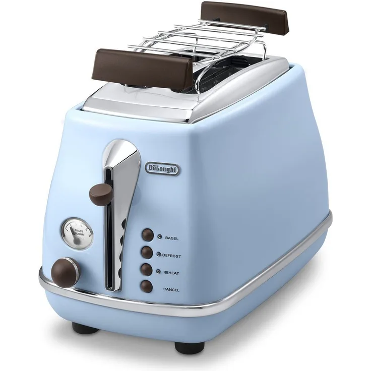 De'Longhi Toaster Icona Vintage CTOV2103.AZ - 2-Schlitz-Toaster mit Brötchenaufsatz, Edelstahl in elegantem Retro Look mit Chrom-Details, blau 