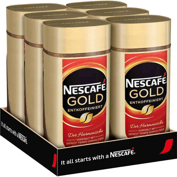 Nescafé Gold Entkoffeiniert, löslicher Bohnenkaffee aus erlesenen Kaffeebohnen, ohne Koffein, vollmundig & aromatisch, 6er Pack (6 x 200 g)